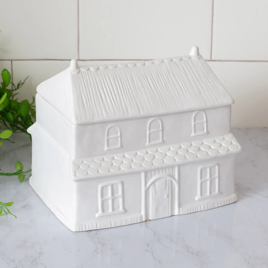 White Cottage House Cookie Jar